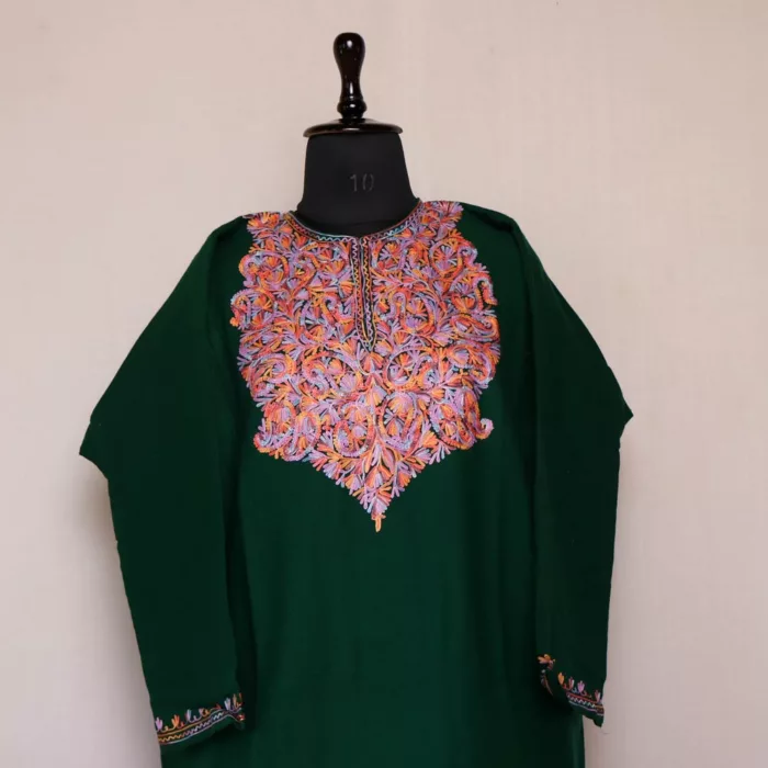 Dark Green Insha Phiran Dress of Kashmir  | Dodhpathri Collection