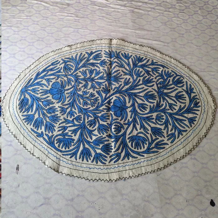 Blue White Large Oval Kashmiri Wool Namda 6×4Ft- Handmade Aari Embroidered