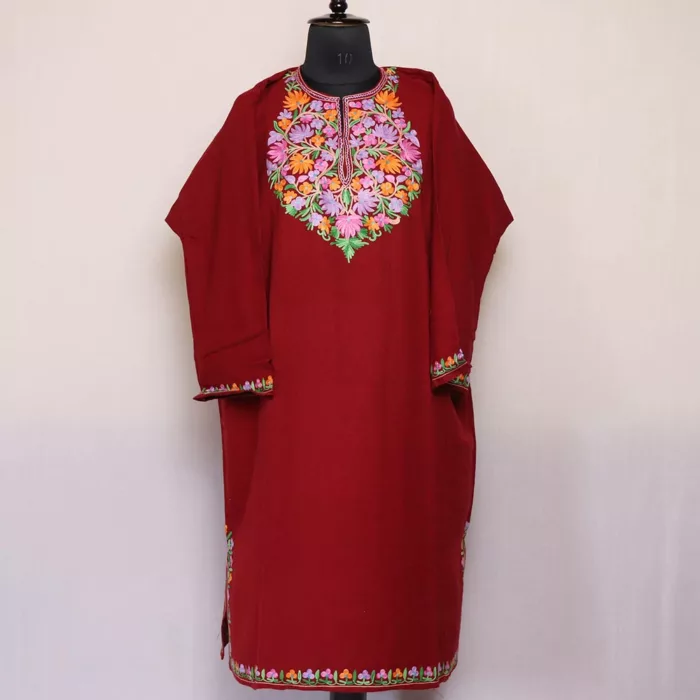 Aari Work Pheran - Maroon Premium Cashmilon - Image 2