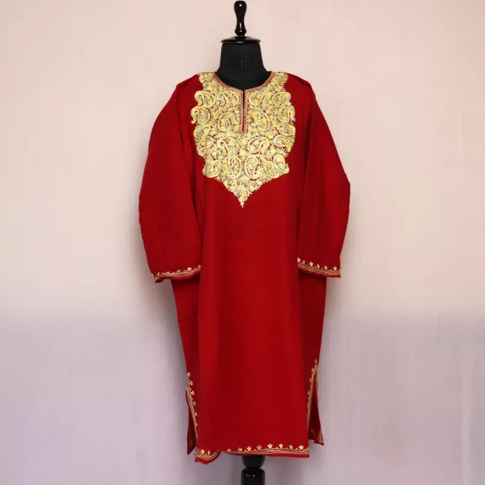 Red Kashmiri Phiran For Women -  Cashmilon with Aari Work | Haseen Collection - Image 2