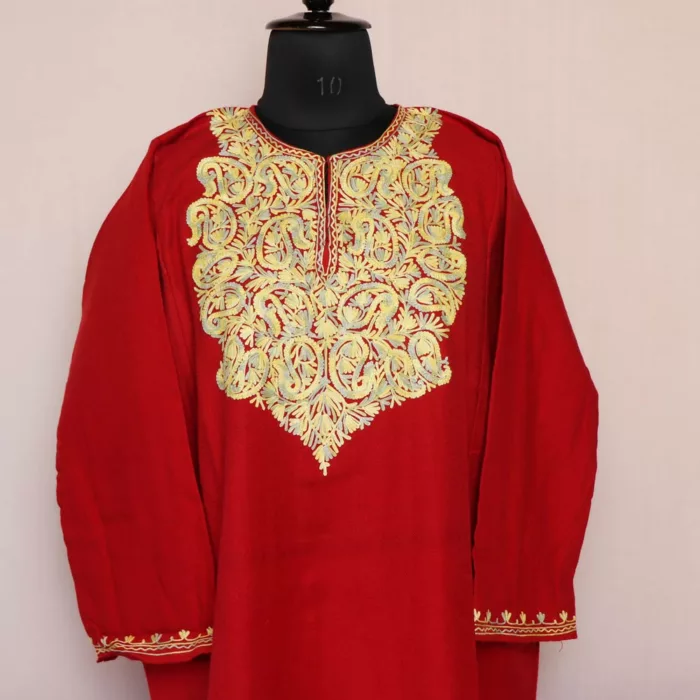 Red Kashmiri Phiran For Women -  Cashmilon with Aari Work | Haseen Collection