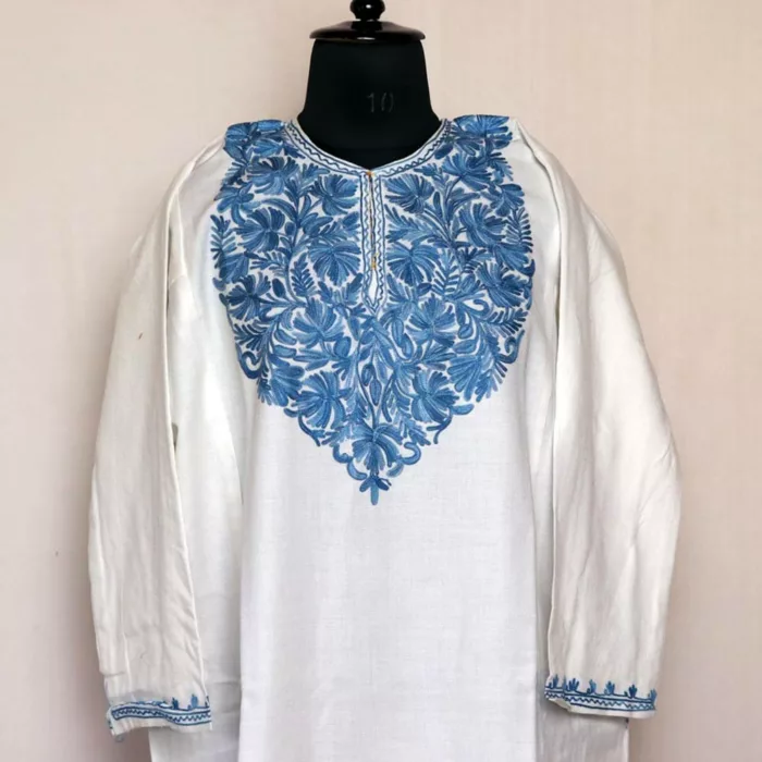 White Kashmiri Gyawun Pheran For Women -  Cashmilon with Aari Work | Haseen Collection