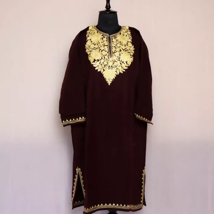 Wine Kashmir Pheran For Women -  Cashmilon with Aari Work | Khoobsurat Collection - Image 2