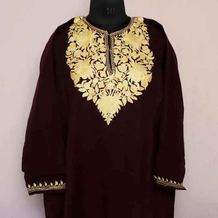 Wine Kashmir Pheran For Women -  Cashmilon with Aari Work | Khoobsurat Collection