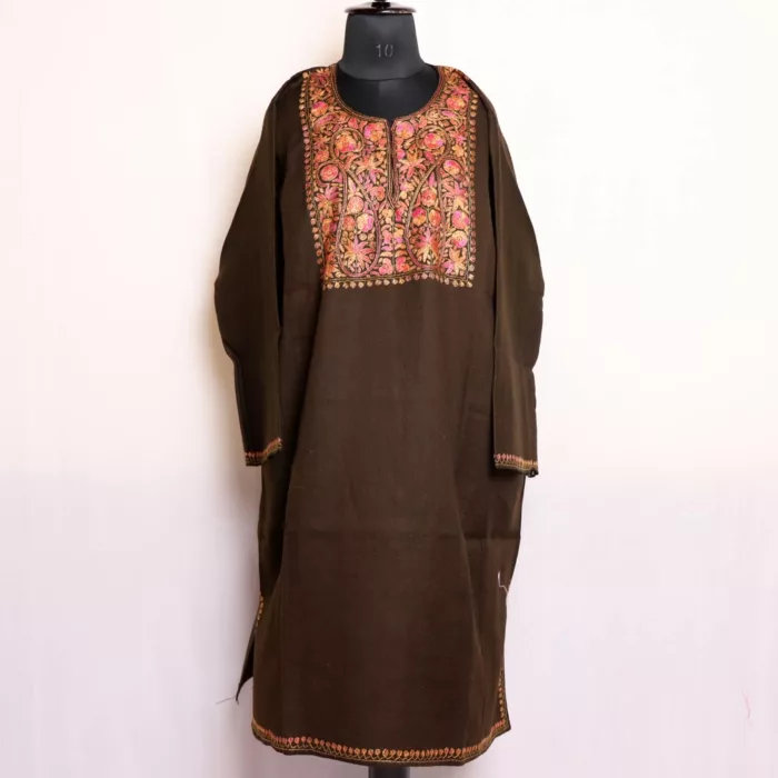 Kashmiri Pheran Dress, Brown Pure Wool with Sozni Handwork - Image 2