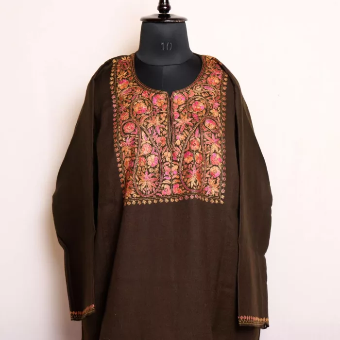 Kashmiri Pheran Dress, Brown Pure Wool with Sozni Handwork