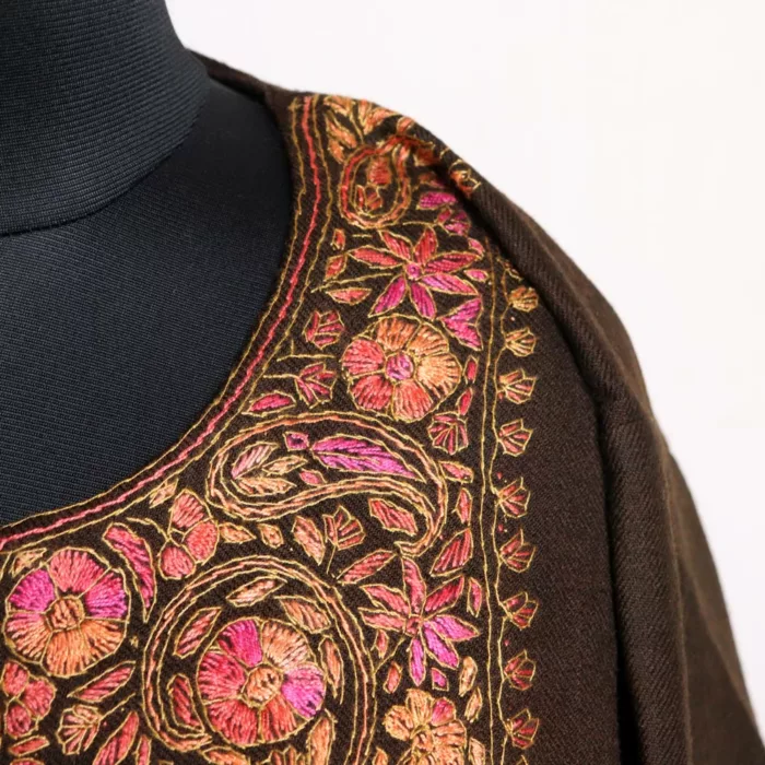 Kashmiri Pheran Dress, Brown Pure Wool with Sozni Handwork - Image 3