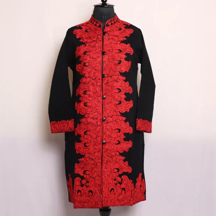 Shams Black Kashmiri Cashmilon Coat Harud Aari Work