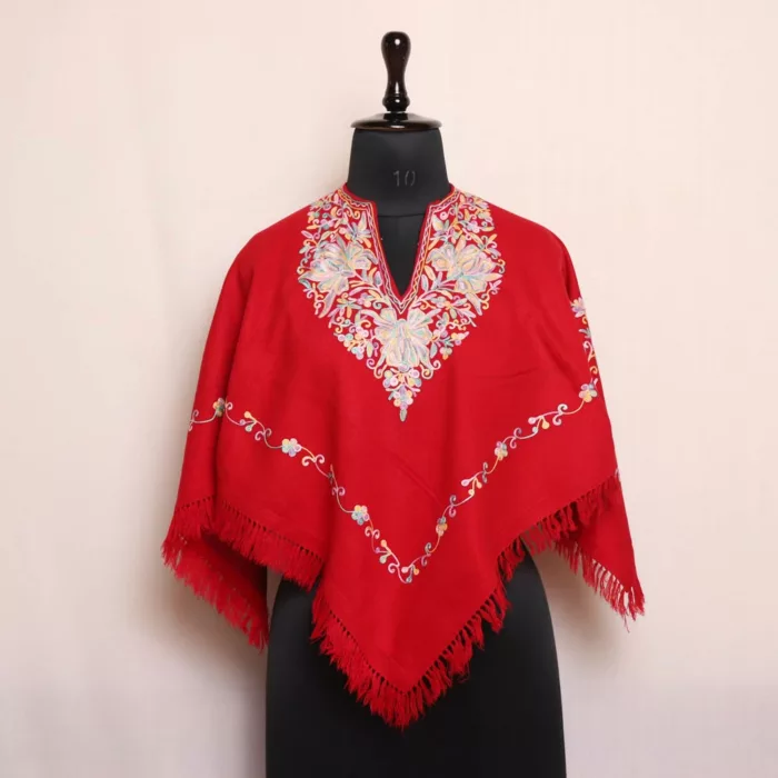 Maroon Kashmiri Poncho Detailed Chinar Aari Embroidery