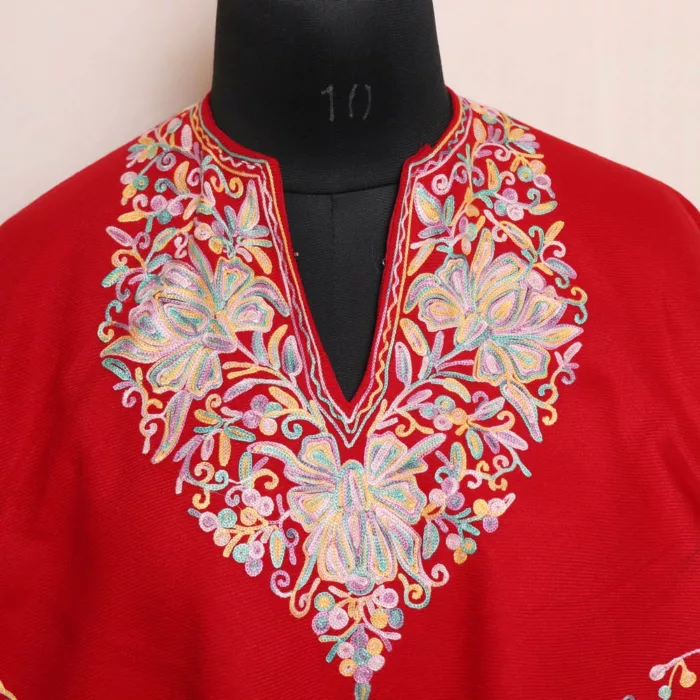 Maroon Kashmiri Poncho Detailed Chinar Aari Embroidery - Image 2