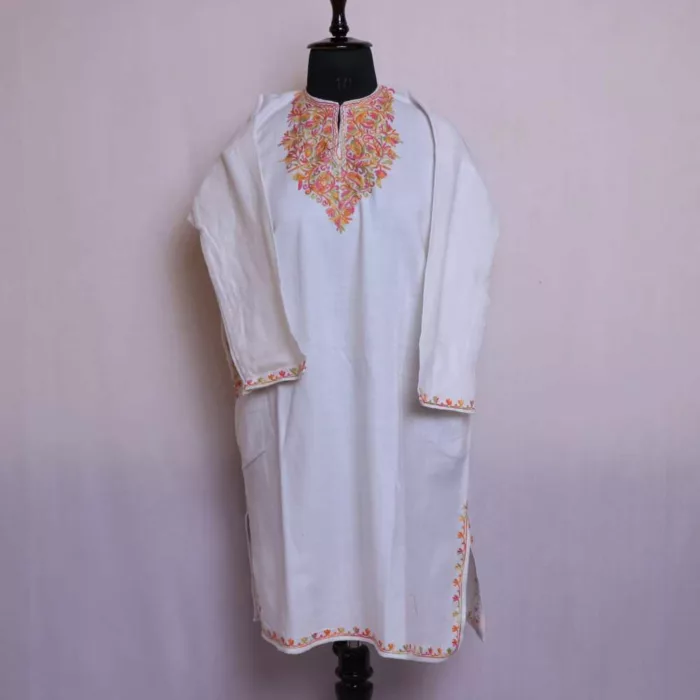 Girls Floral Short Pheran White Kurta for Winter Wear (L 40)