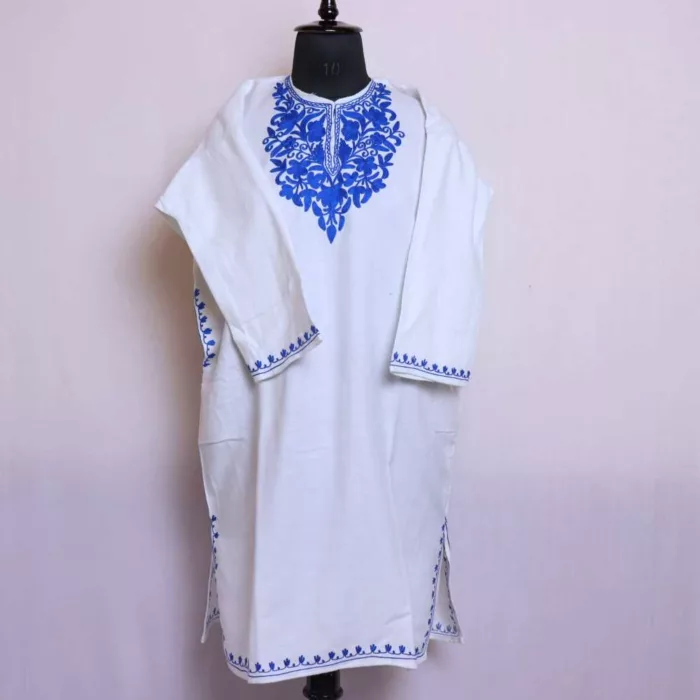 Kashmir Aalam Girls Short Pheran White Kurta With Aari Embroidery (L40)