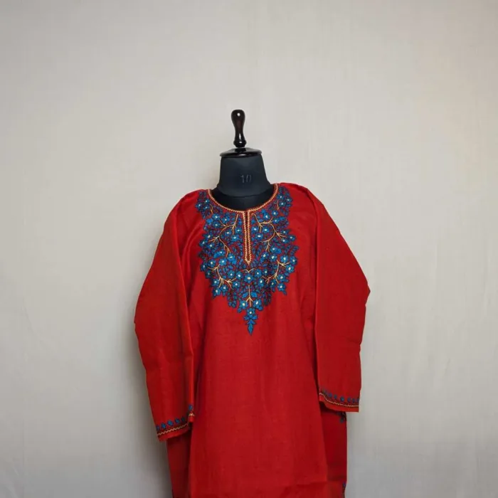 Kashmiri Red Raffal Paper Machie Pheran with Sozni Floral Design - Image 2