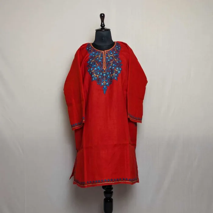 Kashmiri Red Raffal Paper Machie Pheran with Sozni Floral Design