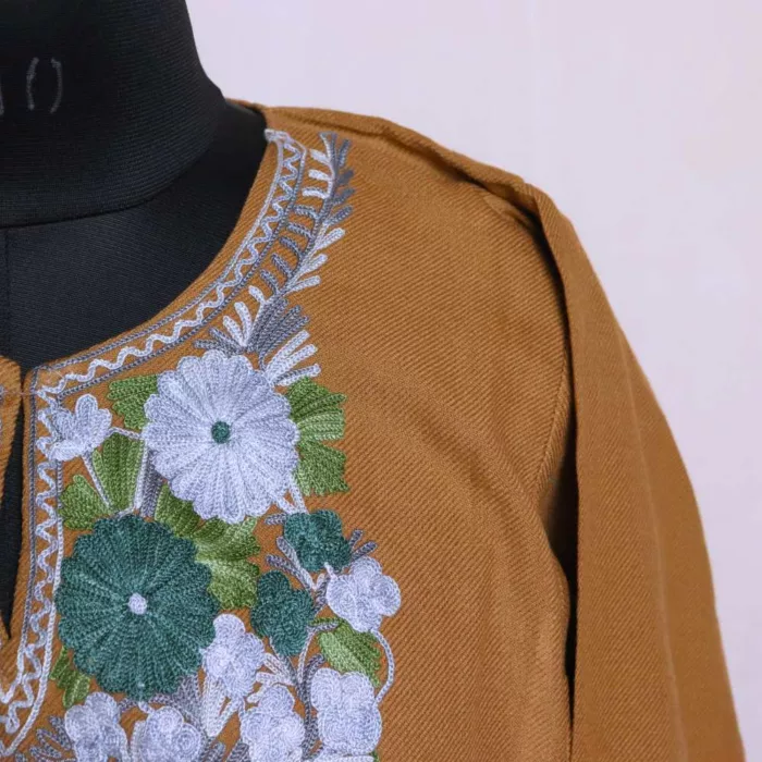 Kashmiri Brown Cashmilon Pheran Dress with Aari Embroidery for Winter Wear - Image 3