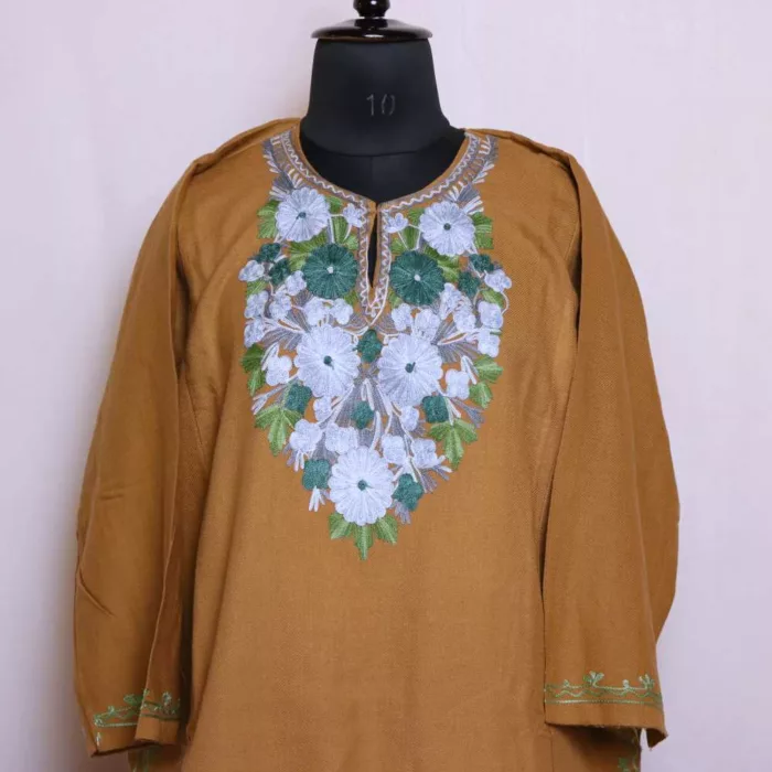 Kashmiri Brown Cashmilon Pheran Dress with Aari Embroidery for Winter Wear - Image 2