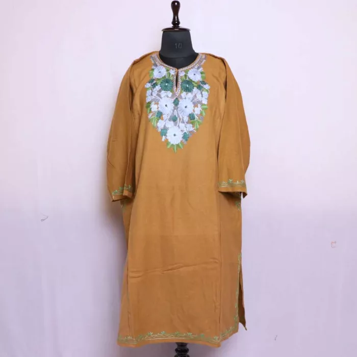 Kashmiri Brown Cashmilon Pheran Dress with Aari Embroidery for Winter Wear