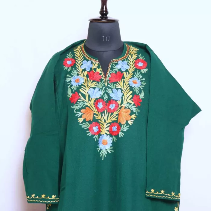 Dark Green Kashmiri Floral Cashmilon Pheran Dress Aari Embroidery for Women Wear - Image 2