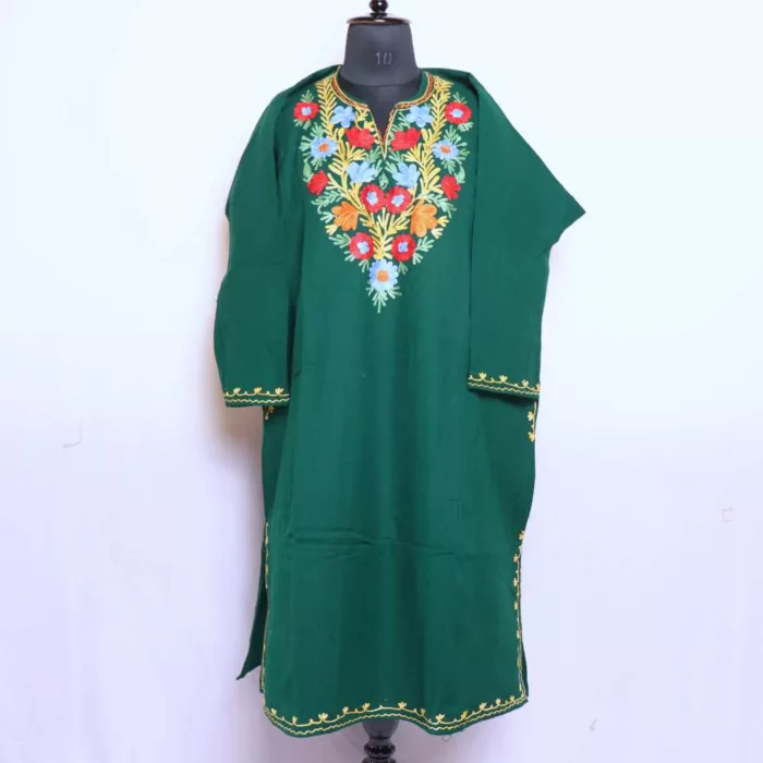 Dark Green Kashmiri Floral Cashmilon Pheran Dress Aari Embroidery for Women Wear