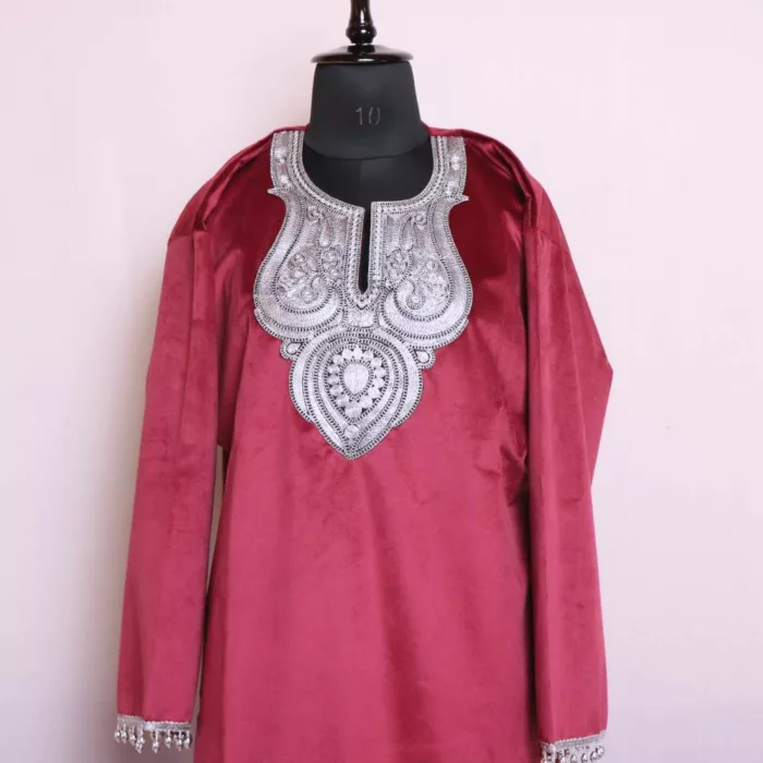 Maroon Velvet Tilla Pheran Kurta - Iltija - Image 2