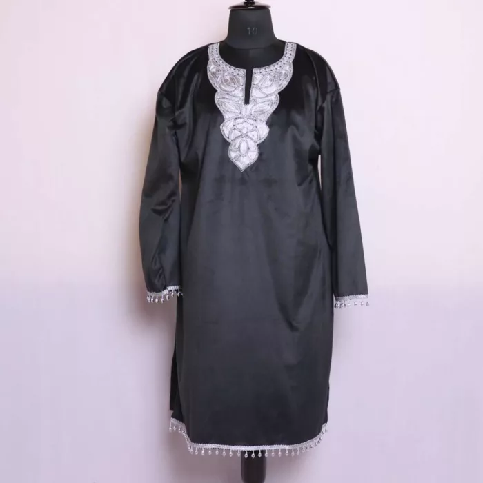 Black Velvet Tilla Pheran Kurta from Kashmir - Iltija