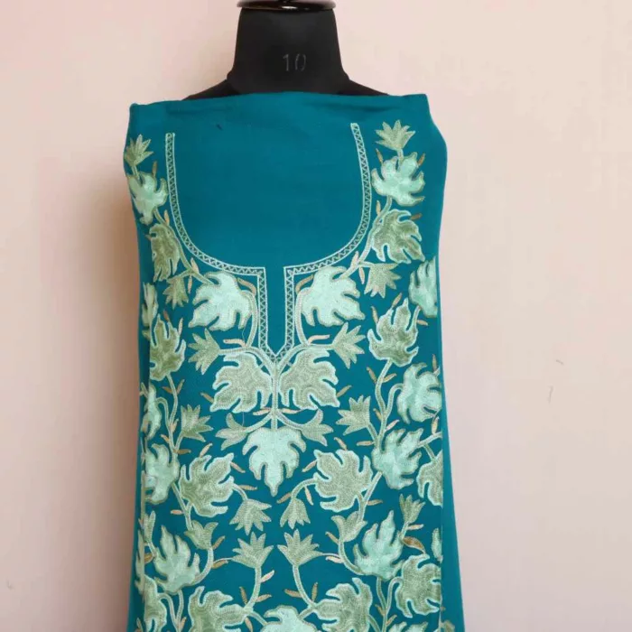 Kashmiri Woolen Unstitched Salwar Suit | Bluish Green All Over Cashmilon 2PC | Mariya - Image 3