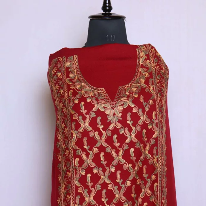 Kashmiri Unstitched Suit Maroon All over Jaal Cashmilon 2PC for Winter | Lehlav Collection - Image 2