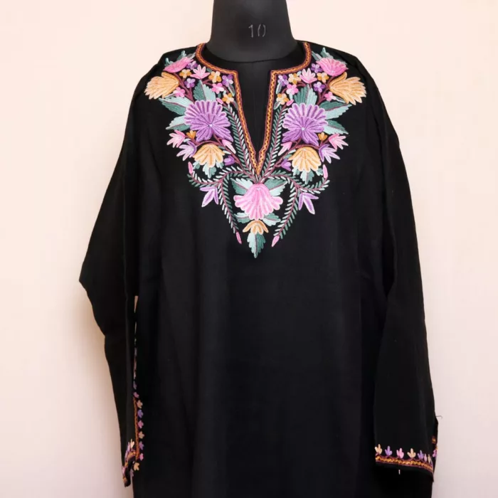 Elegant Black Kashmiri Pheran with Exquisite Aari Hand Embroidery