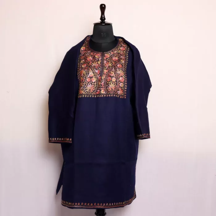 Bano Dark Blue Kashmiri Pheran in Pure Wool with Sozni Handwork - Image 2