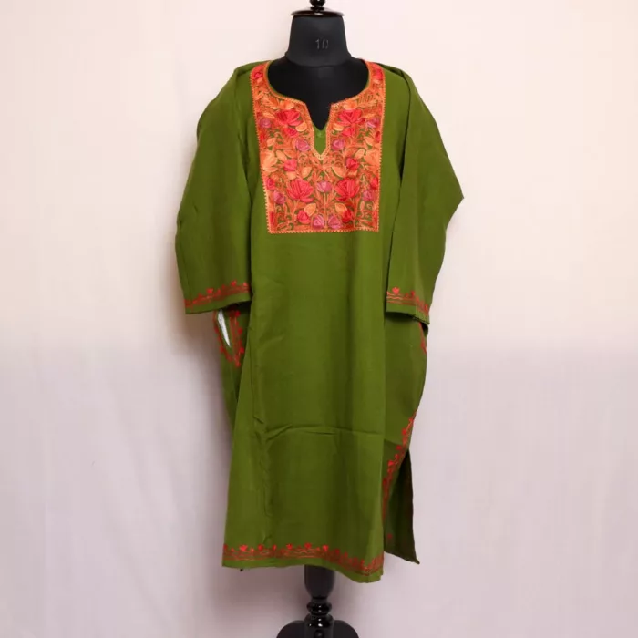 Oliva Green Cashmilon Kashmiri Pheran: Elegant Beauty with Aari Embroidery for Winter