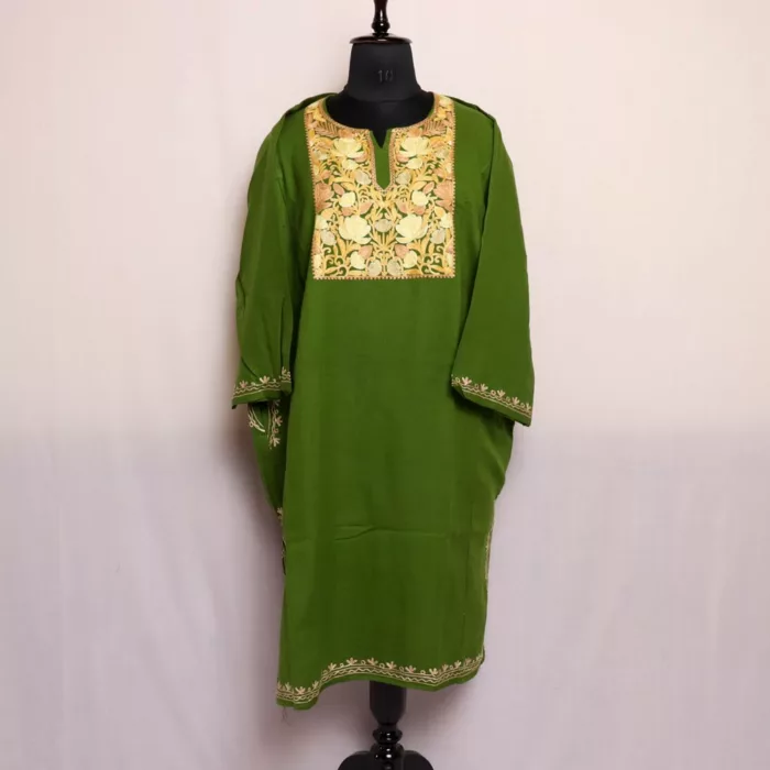 Mehbooba Green Kashmiri Cashmilon Elegant Pheran with Aari Crafted for Winter