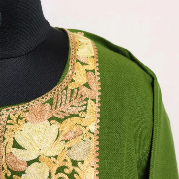 Mehbooba Green Kashmiri Cashmilon Elegant Pheran with Aari Crafted for Winter - Image 3