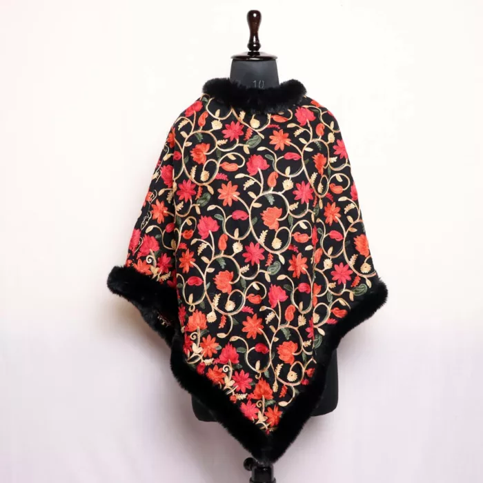 Kashmiri Fur Floral Aari Embroidery Black Poncho