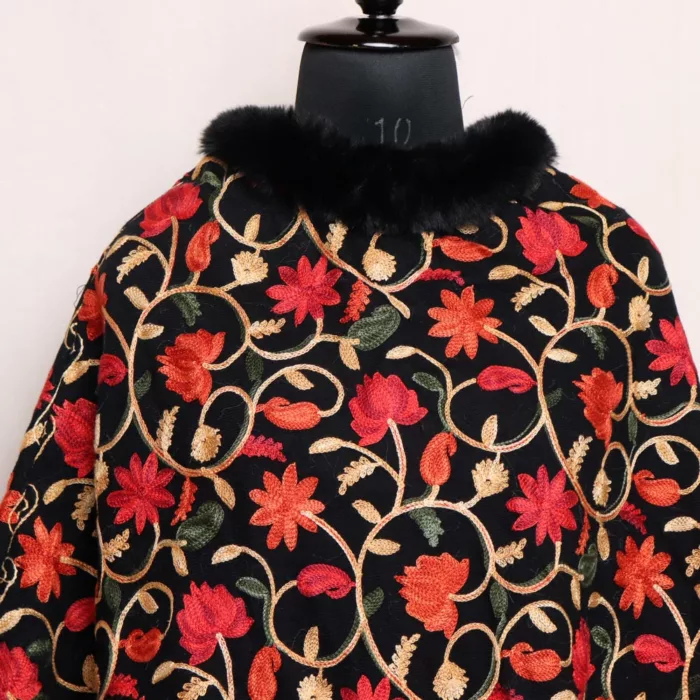 Kashmiri Fur Floral Aari Embroidery Black Poncho - Image 2