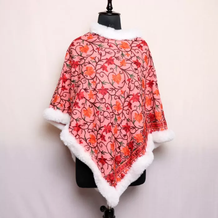 Peach Fur Aari Embroidery Poncho