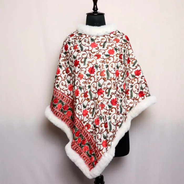 White Fur Poncho Beautiful Floral Embroidery