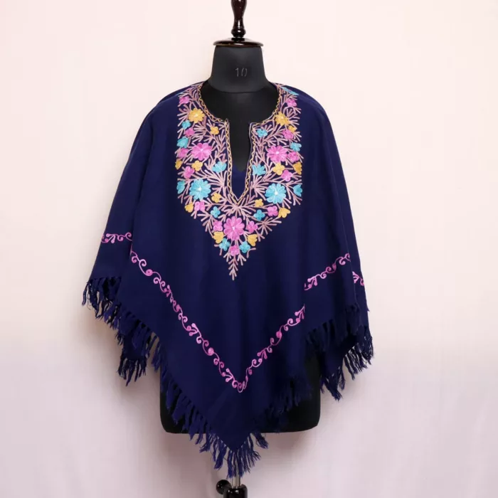 Navy Blue Kashmiri Poncho Aari Work - Bahara