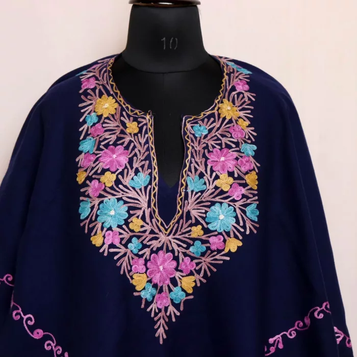 Navy Blue Kashmiri Poncho Aari Work - Bahara - Image 2