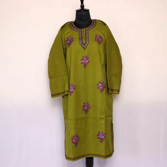 Mehndi Green Pheran - Pure Wool With Kashmiri Sozni Needle Work - Image 2