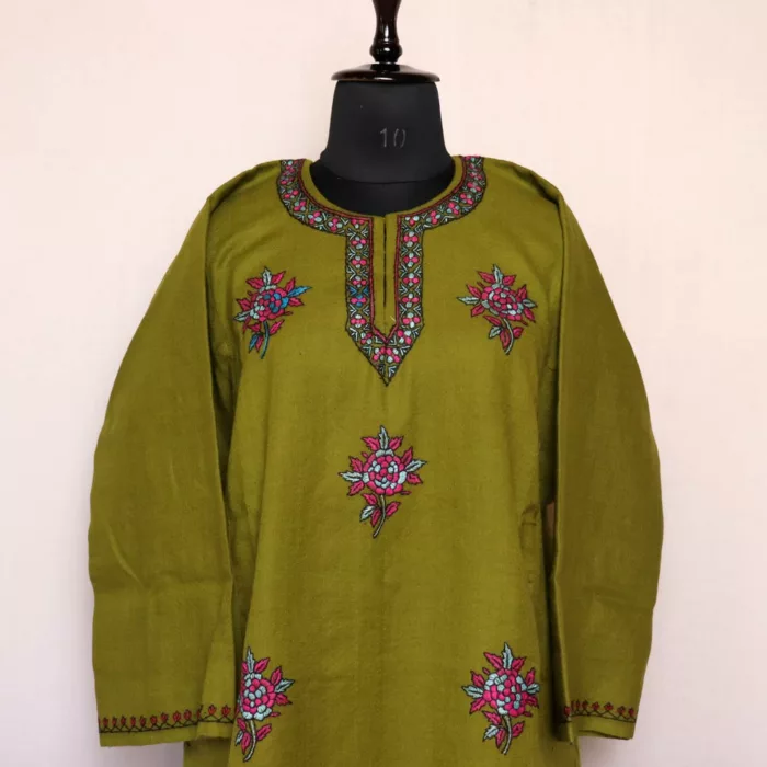 Mehndi Green Pheran - Pure Wool With Kashmiri Sozni Needle Work