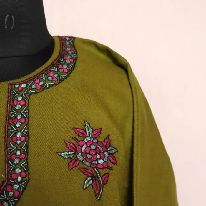 Mehndi Green Pheran - Pure Wool With Kashmiri Sozni Needle Work - Image 3