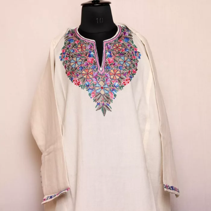 Graceful Off-White Kashmiri Pheran with Exquisite Aari Hand Embroidery