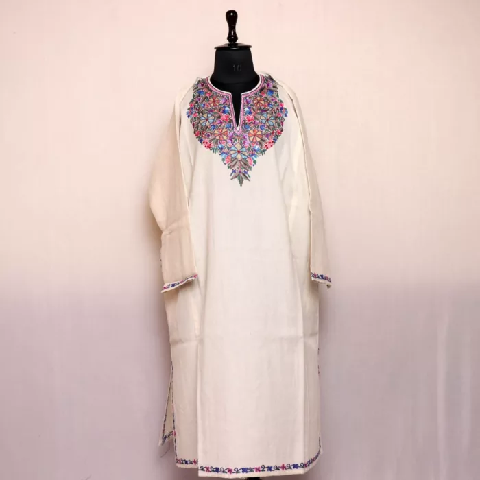 Graceful Off-White Kashmiri Pheran with Exquisite Aari Hand Embroidery - Image 2