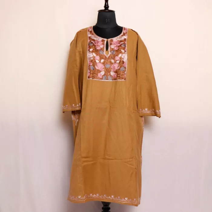 Beige Kashmiri Cashmilon Khatoon Pheran with Elegent Aari Embroidered