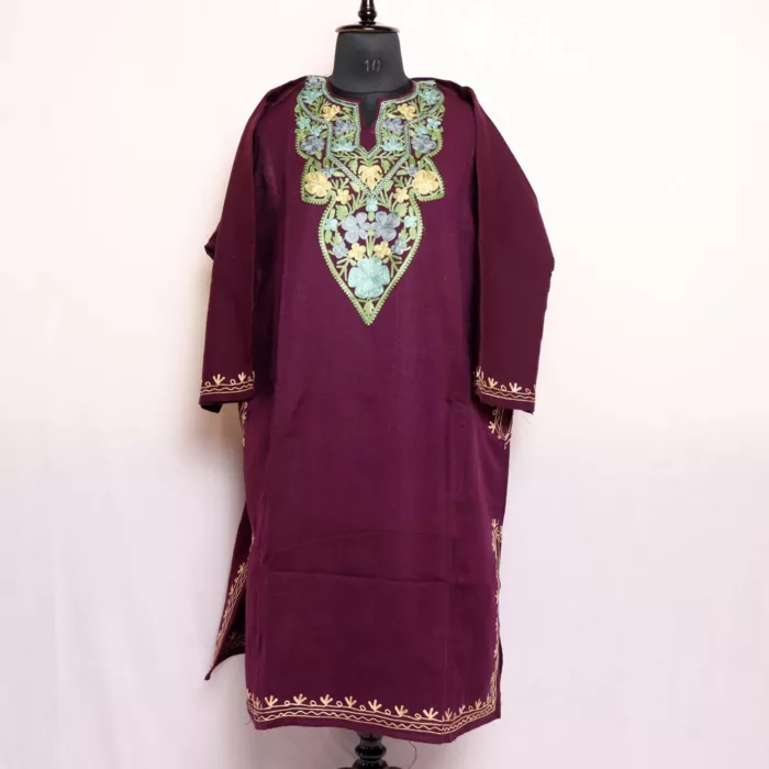 Violet Kashmiri Cashmilon Pheran with Aari Embroidery for Winter