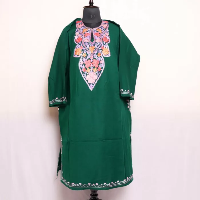 Kashmiri Dark Green Cashmilon Habba Pheran: Elegent and Detailed Aari Embroidery