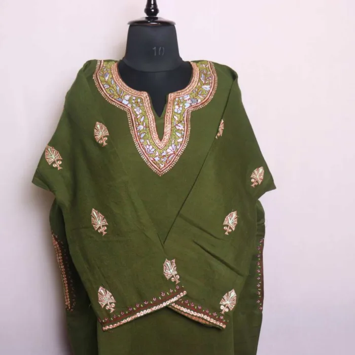 Shabnam Green Raffal Kashmiri Dress with Tilla and Hand Sozni Embroidery