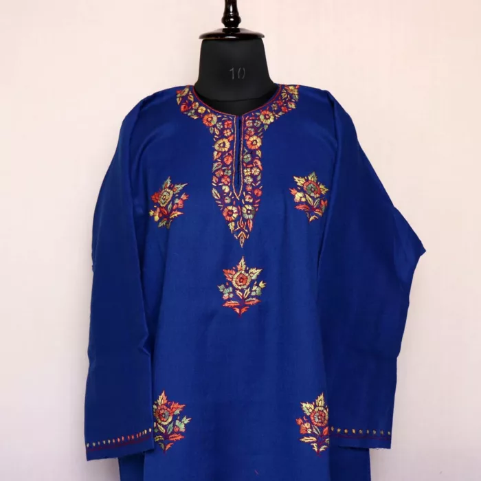 Ayehsa Blue Sozni Pheran - Pure Wool With Kashmiri Needle Work