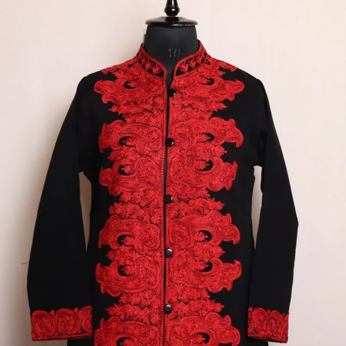 Shams Black Kashmiri Cashmilon Coat Harud Aari Work - Image 2