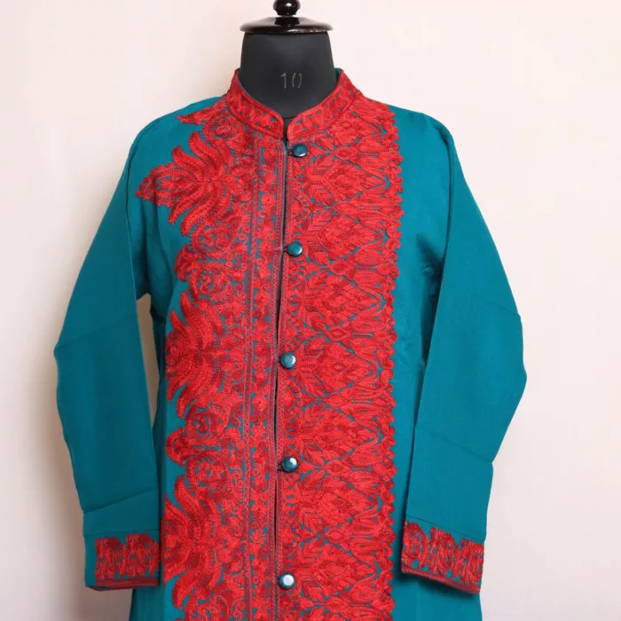 Ferozi Cashmilon Kashmiri Coat Harud Aari Work - Image 2